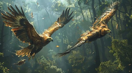 Obraz premium Two birds flying in the air with one of them having a large head