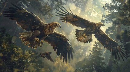 Obraz premium Two birds flying in the air with one of them having a large head