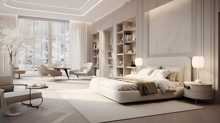 3d rendering interior of living room with bookshelf and sofa ,Modern bedroom interior with white walls, wooden floor and comfortable king size bed
