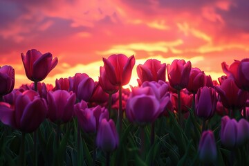 A dramatic sunset scene over a field of tulips, with the sky ablaze in shades of orange, pink, and purple