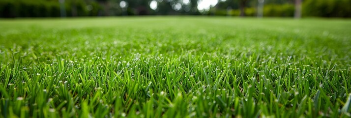Detailed close up of vibrant green bermuda young grass flourishing on a lush well maintained lawn - Powered by Adobe