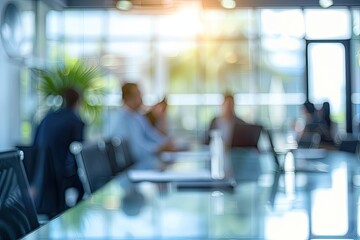 Blurred image of professionals in a business meeting within a contemporary office space, emphasizing movement and busy corporate life.