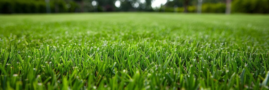 Detailed close up of vibrant green bermuda young grass flourishing on a lush well maintained lawn
