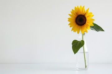 A minimalist composition featuring a single sunflower in a sleek, geometric glass vase, set against a stark white background