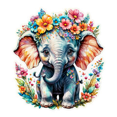 Elephant Sticker Colorful Elephant Bliss A Bouquet of Joy Surrounds the Cartoon Elephant Sticker on Transparent Background, Adorned with Vibrant Flowers and Rainbow Butterflies - Generative AI
