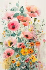 wildflower poppies and daisies in beige, watercolor illustration. ai generated
