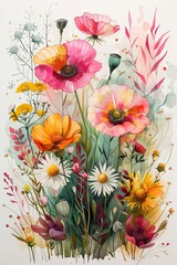 wildflower poppies and daisies in beige, watercolor illustration. ai generated