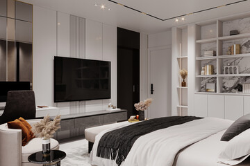 Fototapeta na wymiar Modern bedroom interior with TV on the concrete white paint walls