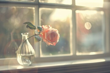 A single pink rose in a delicate glass vase, placed on a windowsill with gentle morning sunlight casting a warm glow