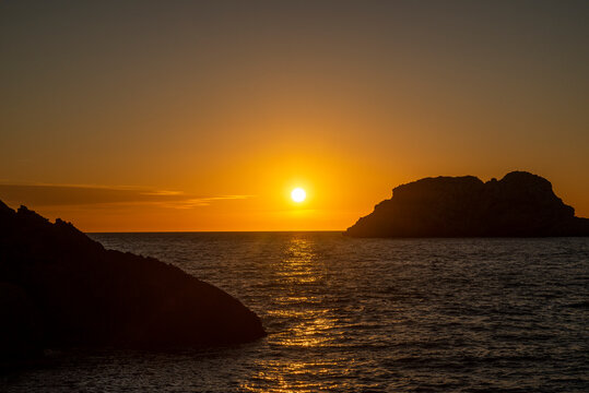 Ses Margalides sunset near Santa Agnes village, Sant Antoni de Portmany, Ibiza, Balearic Islands, Spain