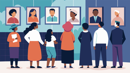 An illustration of a memorial wall covered in photos and names of Civil Rights activists who lost their lives fighting for justice while a group of. Vector illustration