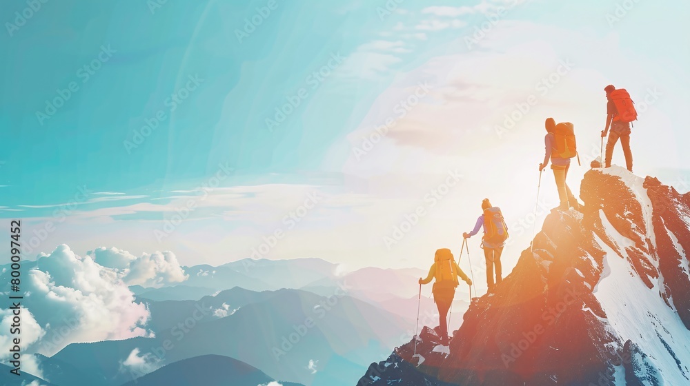 Wall mural Big group of people having fun in success pose with raised arms on mountain top against sunset lakes and mountains. Travel, adventure or expedition concept