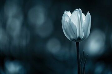 A single white tulip, illuminated by moonlight, presents a serene and peaceful image
