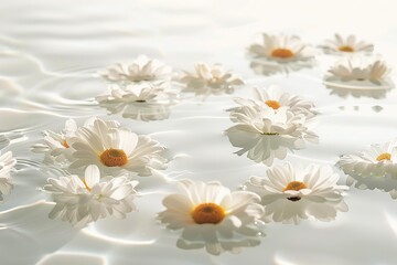 A tranquil scene of daisies floating on water, reflecting their innocence and purity