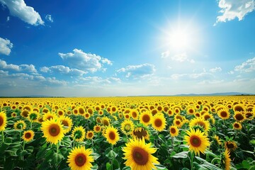 Obraz premium A vast field of vibrant sunflowers under a clear blue sky, sunflowers in full bloom, towering and facing the sun, embodying happiness and vitality