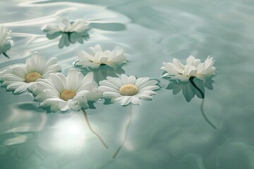 A tranquil scene of daisies floating on water, reflecting their innocence and purity