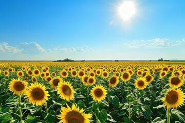 Obraz premium A vast field of vibrant sunflowers under a clear blue sky, sunflowers in full bloom, towering and facing the sun, embodying happiness and vitality