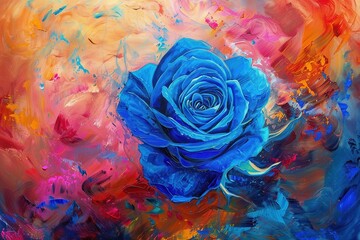 Obraz premium A vivid, abstract painting of a single blue rose, symbolizing the impossible or the extraordinary, against a swirling, colorful background that accentuates the rose's unique beauty
