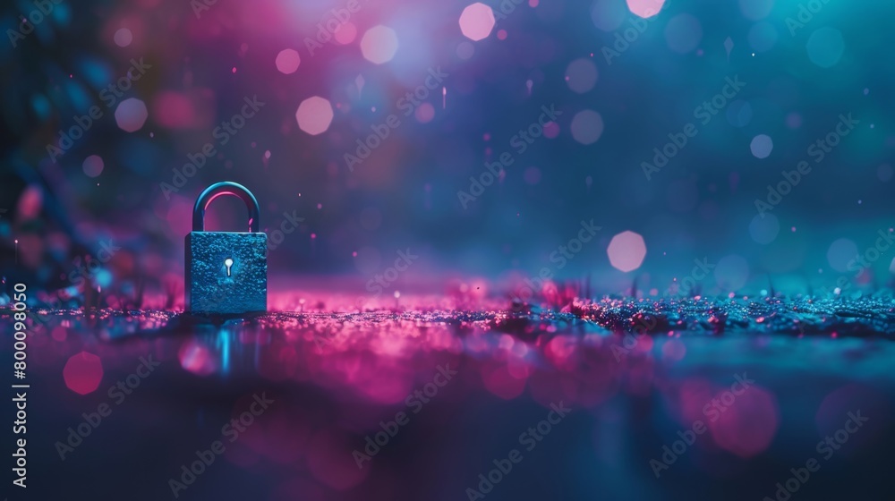 Poster a metallic padlock on a vibrant, wet surface with sparkling bokeh lights in the background.