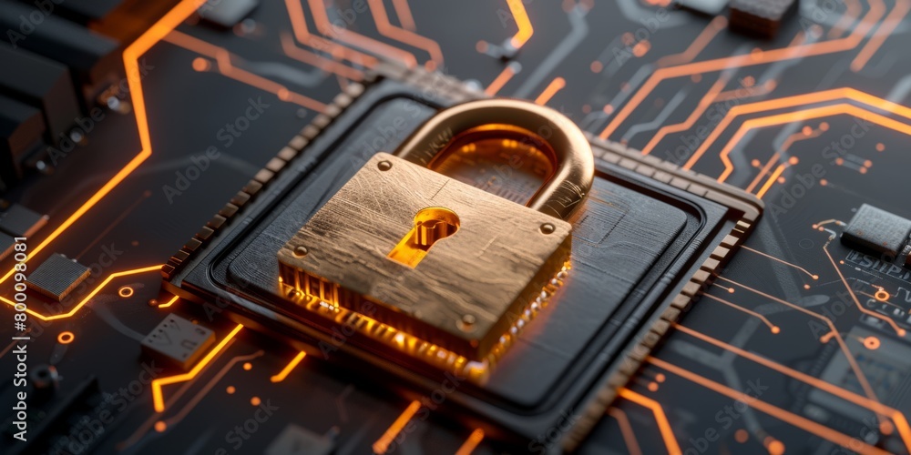 Poster a golden padlock sits on an illuminated computer circuit board, symbolizing cybersecurity.