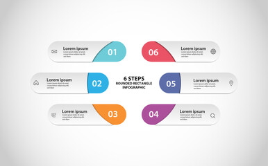Business infographic template design with rounded rectangle and icons process step with 6 options. Can be used for workflow diagram, presentation or web design. Vector illustration.
