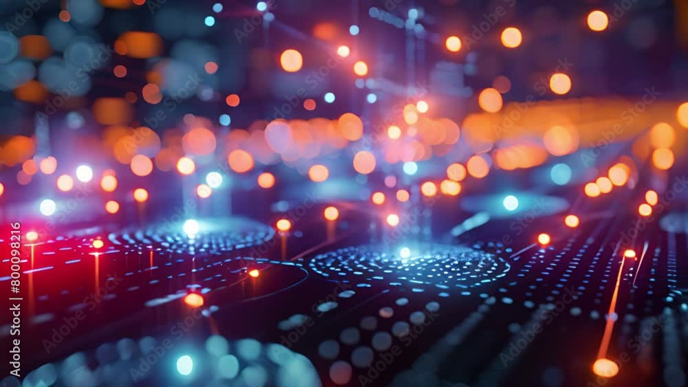 Poster glowing blue network connections and data flow on circuit board