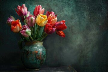 An artistic still life of mixed color tulips in a vintage vase, set against a dark, moody background to accentuate their colors. Soft, diffused lighting