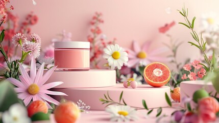 Summer-inspired cosmetic mockup podium adorned with bright flowers and fruity accents.
