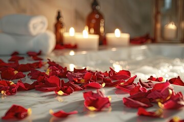 An elegant spa setting with scattered rose petals on white marble, alongside essential oils and candles