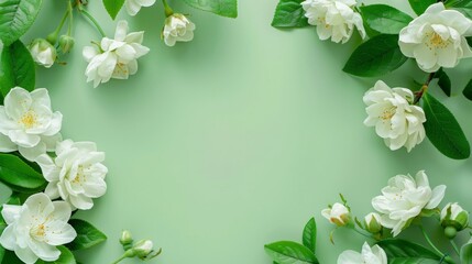 Fresh white jasmine flowers with lush green leaves creating a vibrant frame on a pastel green...