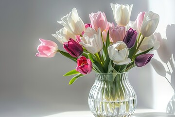 Obraz premium An elegant tulip bouquet in a crystal vase, featuring a mix of pink, white, and purple tulips