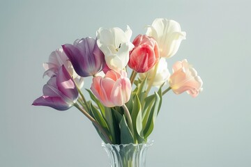 An elegant tulip bouquet in a crystal vase, featuring a mix of pink, white, and purple tulips