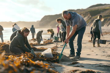 People participating in a beach cleanup, highlighting environmental activism