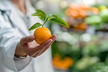 Doctor holding an orange kumquat with leaves, symbolizing fresh produce and healthy diets