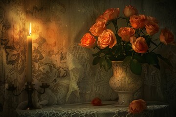 An elegant vase filled with orange roses on a vintage lace tablecloth, evoking a sense of nostalgia and romance