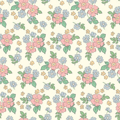 Seamless floral pattern, pretty liberty ditsy print, abstract ornament in a romantic retro motif. Cute botanical design: small hand drawn flowers, leaves, simple bouquets on white. Vector illustration