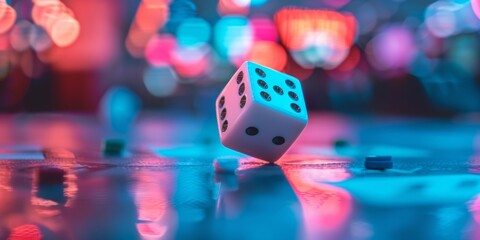 A white dice casts vibrant reflections on a glossy surface, set against a backdrop of colorful bokeh lights.