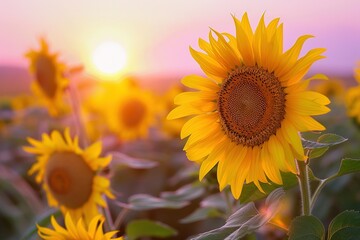 Fototapeta premium An enchanting twilight scene of a sunflower field, with the setting sun casting a magical golden light