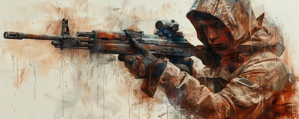 Obraz premium Intense male soldier aiming rifle in stylized digital artwork, portraying military readiness and combat