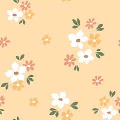 Seamless floral pattern, cute liberty ditsy print, abstract flower ornament of mini daisies. Pretty botanical design: small hand drawn flowers, leaves, simple tiny bouquets. Vector tile illustration.