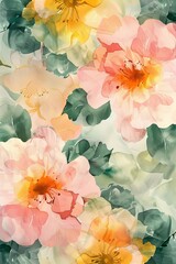 watercolor flowers in pastel pink, yellow and green, watercolor illustration. ai generated