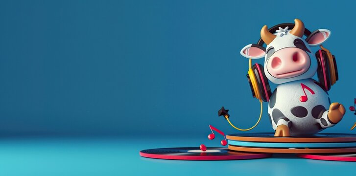 Cow with oversized headphones on vinyl records. 3D illustration in neo-pop style.