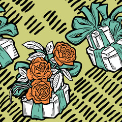Gift box, ribbon and flowers seamless vector pattern for wrapping present with bow, party celebration, sale promotion, Textile print, fabric design, banner background. Hand drawn style illustration.