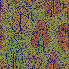 Autumn forest. Seamless ornament with motifs of trees in a flat style. The theme of ecology and love for nature, nature conservation. Vector illustration