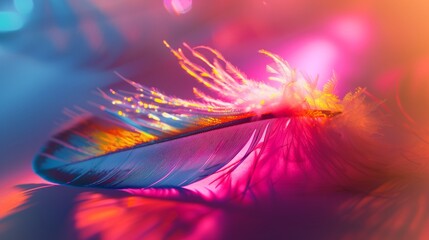 Surreal depiction of a feather with colorful light shadows in a vivid portrait.