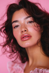 Close up of a model wearing pink , she has thick lush dark hair which feels loose and has lots of flyaways in front of her face, pink background, she is confident, looking straight to the screen.