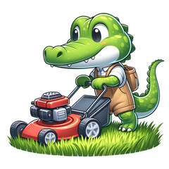 cartoon illustration , Crocodile works with the lawnmower