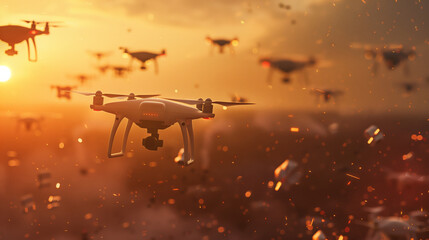 In the sky at sunset, many military reconnaissance UAVs are flying over the city. Concept of smart warfare.