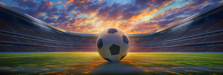 A vibrant image showcasing a soccer ball resting on a lively stadium field with a majestic sunset