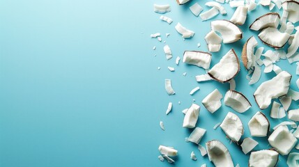 Pieces of coconut arranged on a blue table in a flat lay composition